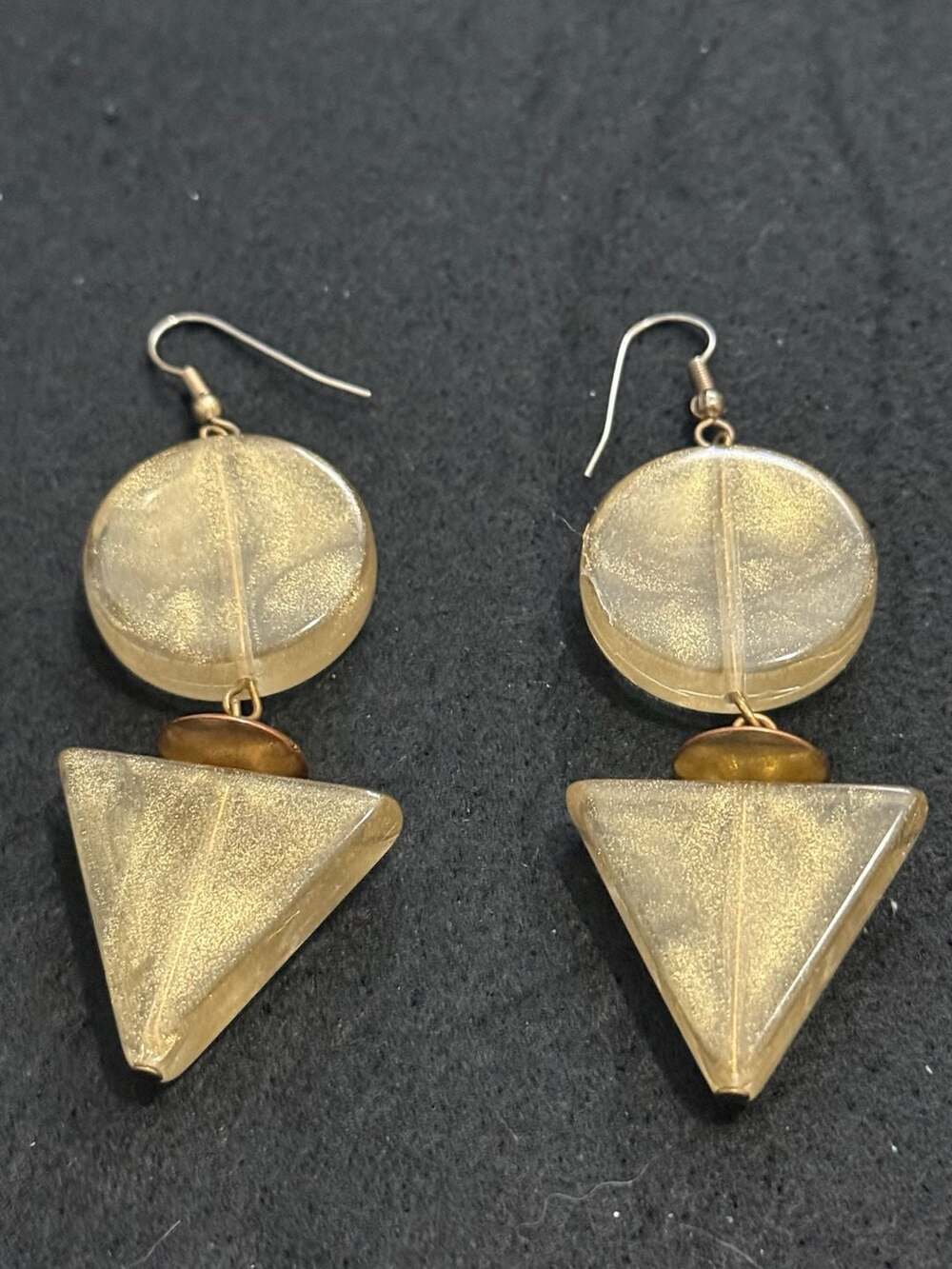 Vintage Geometric Triangle and Circle Drop Earrings with Gold Tone Accents